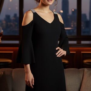 New Years Eve Cold Shoulder Dress Rhinestone Bell Sleeve Midi M Medium